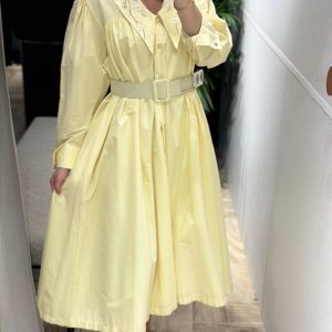 yellow midi dress with belt